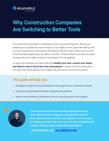 Guide de migration pour les entreprises de construction qui envisagent de passer de QuickBooks à Acumatica